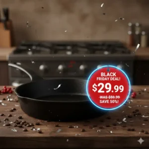 A heavy-duty cast iron skillet presented as a star deal during the major Cookware on sale black friday savings.