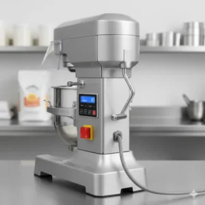 Digital speed controls and power switch on the front panel of the commercial 20 quart mixer.