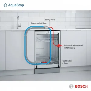 Diagram of the Bosch dishwashers AquaStop leak protection system, providing peace of mind against water damage. 