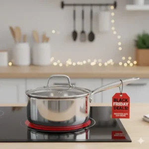 Black Friday stainless steel cookware saucepan on an induction cooktop.
