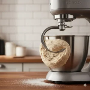 A close-up view of the unique Bosch mixer dough hook design that ensures complete mixing of heavy dough. 