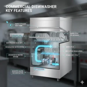 Diagram highlighting the energy-efficient features and powerful wash cycle of a modern commercial dishwasher.