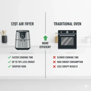 Comparison chart showing faster cooking and energy efficiency of a 12qt air fryer versus a traditional oven