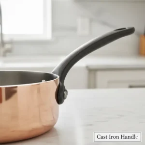 Detail shot of a sturdy cast iron handle attached to a professional-grade copper sauce pan. 