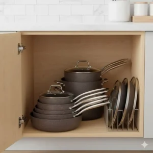 Space-saving design of Gotham Steel pans & cookware neatly stacked inside a kitchen cabinet for compact and organized storage.