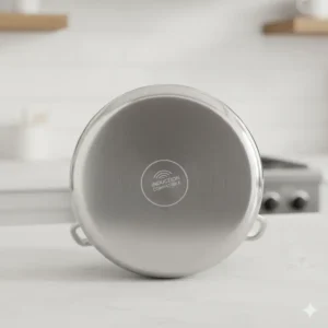 Detailed shot of the thick, flat base of the induction compatible 3 qt saucepan for even heat distribution. 