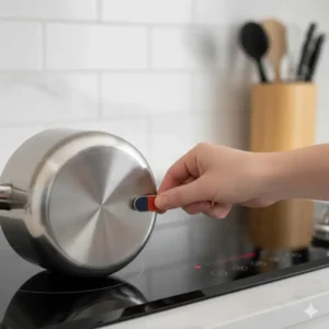 A hand holding a small magnet against the base of a pot to test if the cookware is magnetic and therefore induction ready.