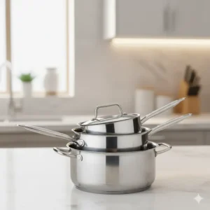 Three pieces of the Stainless steel cookware sets neatly nested inside each other, demonstrating compact storage.