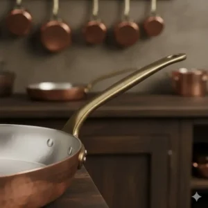 Detail shot of a sturdy, riveted bronze handle on a copper frying pan, emphasizing quality construction and ergonomic design.