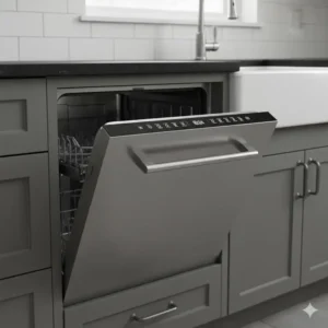 Semi-integrated built-in dishwasher with the appliance door open, showing the exposed control panel on the top edge.