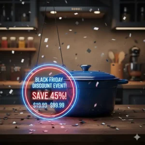 A colorful enameled Dutch oven showcased as a limited-time offer in the Cookware on sale black friday promotions.