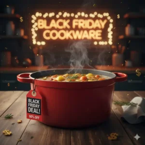A vibrant red Dutch oven used for holiday cooking, available at a special Black Friday cookware price.