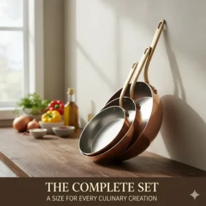 A collection of various sizes of copper skillet pans nested together.