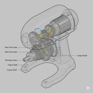 Diagram or internal view showing the durable gear-driven motor system of the heavy-duty 20 quart mixer.