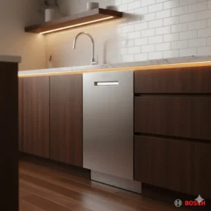 A modern kitchen showing the seamless integration of a Bosch dishwashers with a recessed pocket handle. 