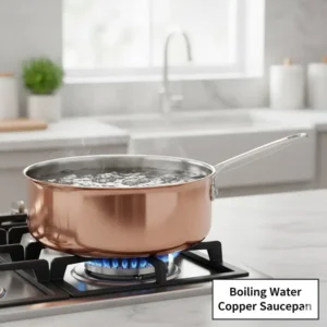 Water rapidly coming to a boil in a medium-sized copper sauce pan due to its responsiveness to temperature changes. 