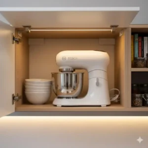 A compact Bosch stand mixer neatly stored away in a kitchen cabinet, highlighting its space-saving design. 