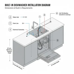 Diagram illustrating the dimensions and rough-in requirements for installing a standard built-in dishwasher.