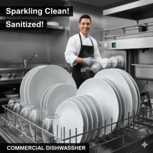 Sparking clean, sanitized dishes immediately after being processed in a commercial dishwasher.