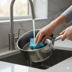 An image showing how easy it is to clean Stainless steel cookware sets after cooking, highlighting its durable finish.