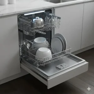 Adjustable and flexible racking system inside a drawer dishwashers, designed to accommodate large or awkwardly shaped cookware.