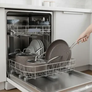 Gotham Steel pans & cookware being loaded into a dishwasher, highlighting the product's easy clean-up and dishwasher-safe feature.