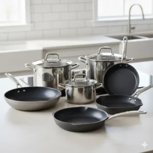 A variety of induction-compatible pots and pans, including woks, skillets, and stockpots, showing different materials.
