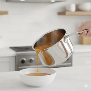 Action shot of the 3 qt saucepan pouring liquid easily, showcasing the flared rim design. 