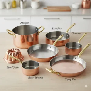 Assortment of different types of copper cookware, including sauté pans, stockpots, and skillets, arranged for comparison.
