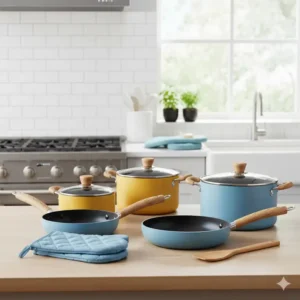 Bottom view of an induction-ready pan from ceramic cookware sets on a stove. 