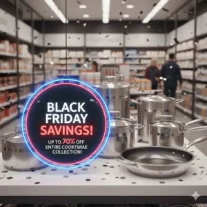 A large, complete 10-piece set of kitchen utensils and pots, available at a special discount during the Cookware on sale black friday.