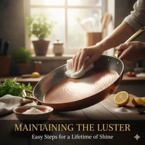 A person properly cleaning and polishing a copper skillet pan to restore its shine.
