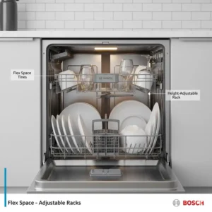 Interior shot of a Bosch dishwashers demonstrating the adjustable Flex Space tines and height-adjustable upper rack for flexible loading. 