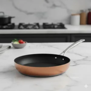 A high-quality Copper induction pan with a riveted handle, perfect for searing and frying.