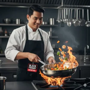 Chef in a professional kitchen cooking with a large Black Friday stainless steel cookware pan.