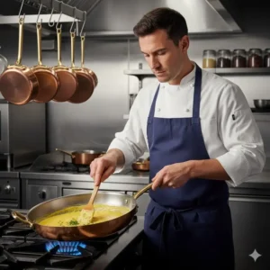 Professional chef expertly using heavy-gauge copper cookware while preparing a delicate sauce.