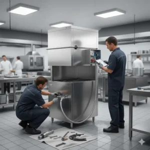 Professional installation of the plumbing and electrical connections for a new commercial dishwasher unit.