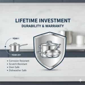 A graphic illustrating the long-lasting durability and lifetime value of investing in quality Stainless steel cookware sets.
