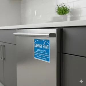 Built-in dishwasher model displaying the Energy Star certification label, highlighting its efficiency.