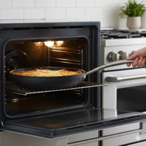 A large pan from the Gotham Steel pans & cookware collection being used in the oven to finish a meal, showing its oven-safe capability.