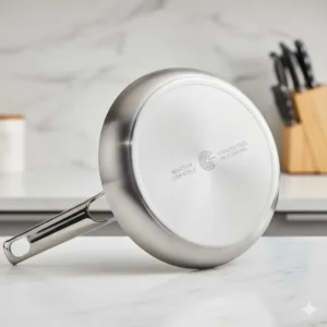 Detailed view of the flat, thick, multi-ply base essential for efficient heating with induction cookware.