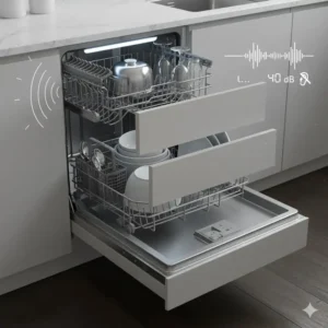 Modern kitchen featuring a quiet drawer dishwashers with a graphic overlay showing its low decibel operation.