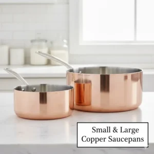 A side-by-side comparison of a small 1-quart and a large 4-quart copper sauce pan for various kitchen tasks. 