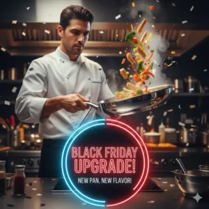 An experienced chef testing the quality of a new saucepan purchased during the annual Cookware on sale black friday event.