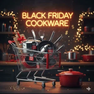 Selection of small kitchen appliances and matching cookware sets on display for Black Friday cookware sales.