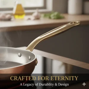 Detailed view of the sturdy, ergonomic bronze handle on a premium copper skillet pan.
