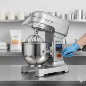 The sturdy bowl lift mechanism and locking lever on the professional 20 quart mixer frame.