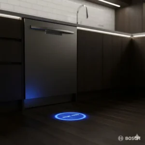 A small light beam, the Bosch dishwashers InfoLight, projecting onto the floor to indicate the dishwasher is running quietly.