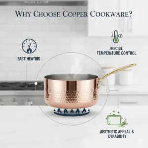 Graphic illustrating the primary benefits of copper cookware, such as fast heating, precise temperature control, and aesthetic appeal.