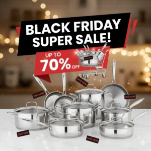 Black Friday stainless steel cookware discount banner with a shopping cart full of pots and pans.